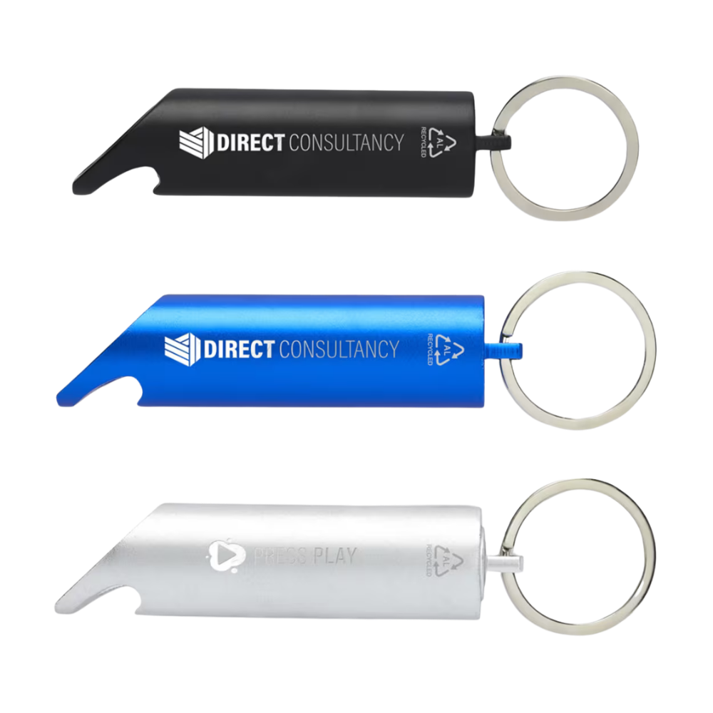 Flare RCS Recycled Aluminium LED Light and Bottle Opener with Keychain [flarercslightandbottleopenerkeychain]
